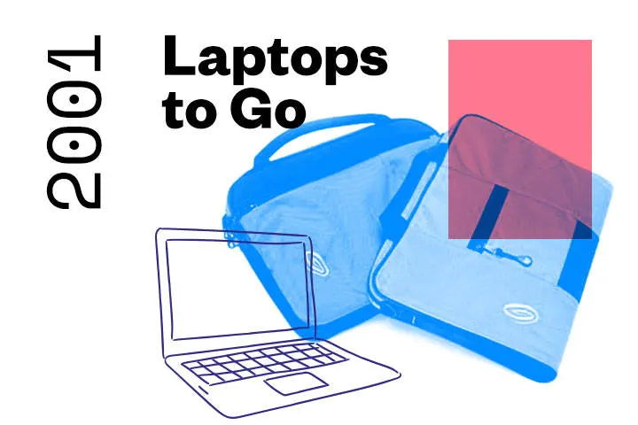 <p>As people start carrying their computers everywhere they go, the messenger bag gets an update. Laptops to go! Timbuk2 begins offering specific laptop sleeves and mobile phone pockets.</p>