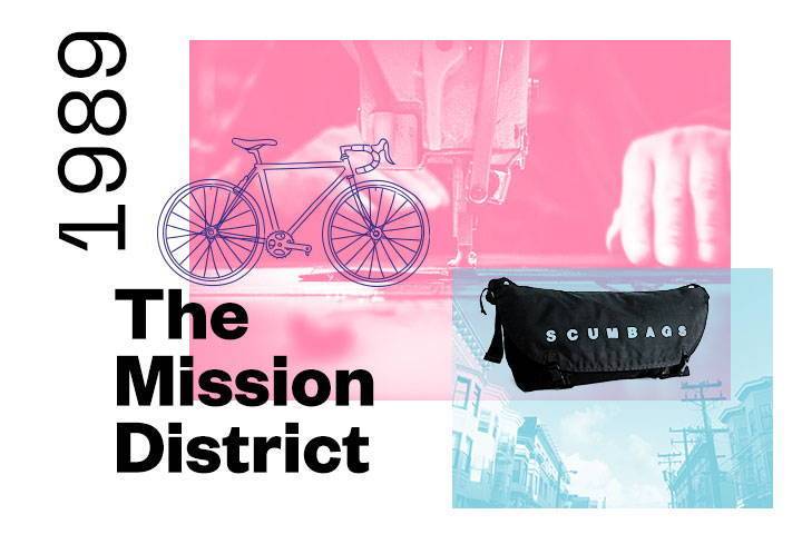 <p>Rob Honeycutt, a San Francisco bicycle messenger buys a sewing machine and makes his first messenger bag in his garage in the Mission District. He names the company “Scumbags”.</p>